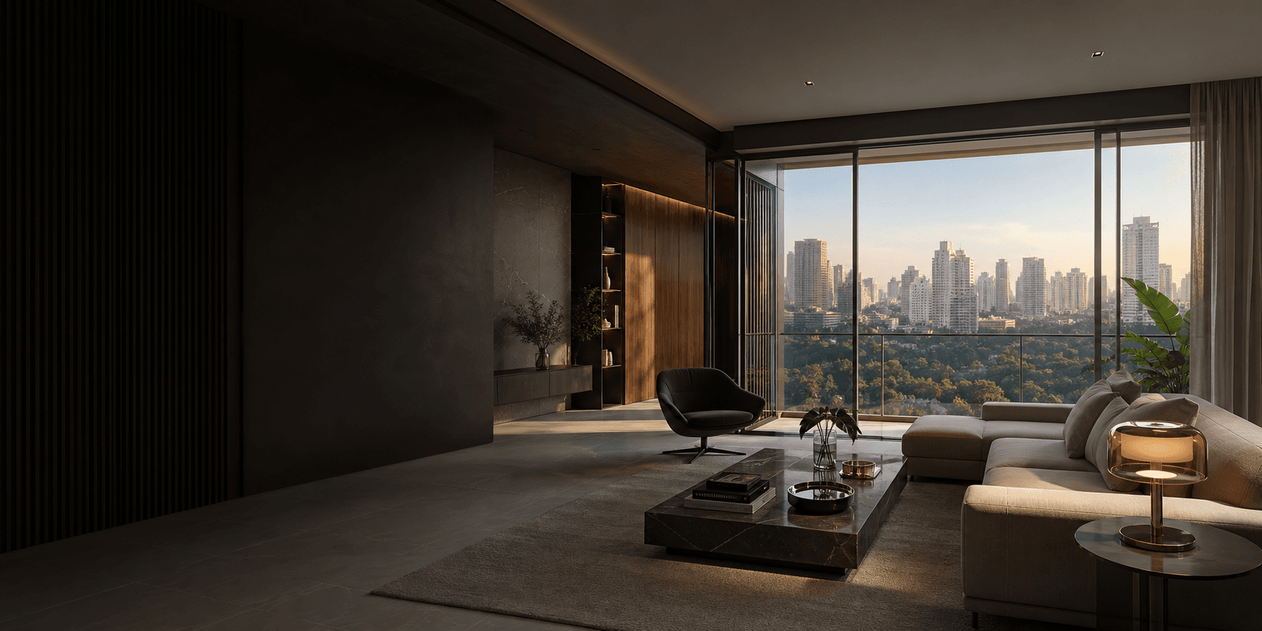 Interior imobiliário premium com vista urbana