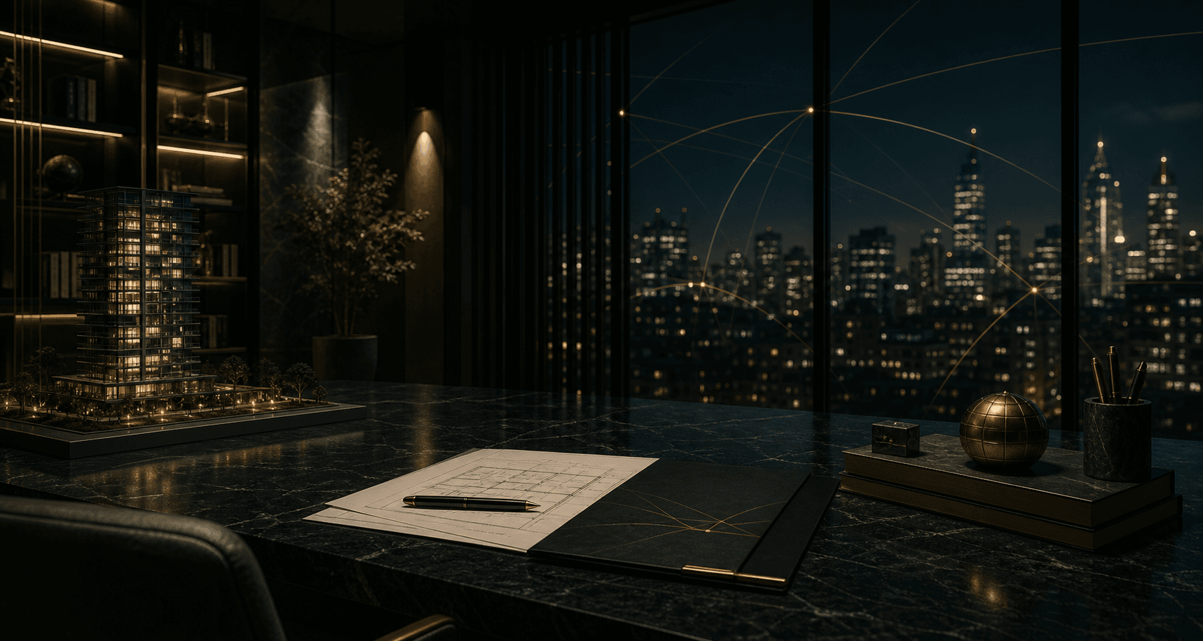 Ambiente premium de investimento imobiliário com skyline noturno