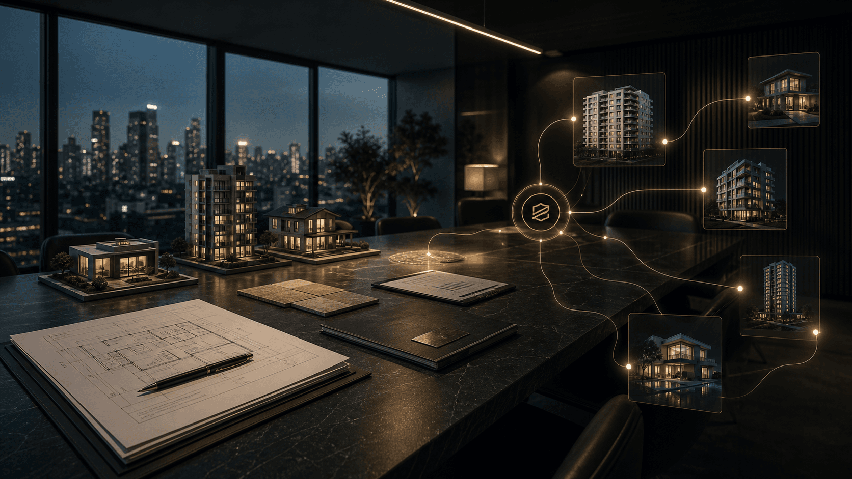 Mesa de estratégia imobiliária com imóveis conectados por matching patrimonial